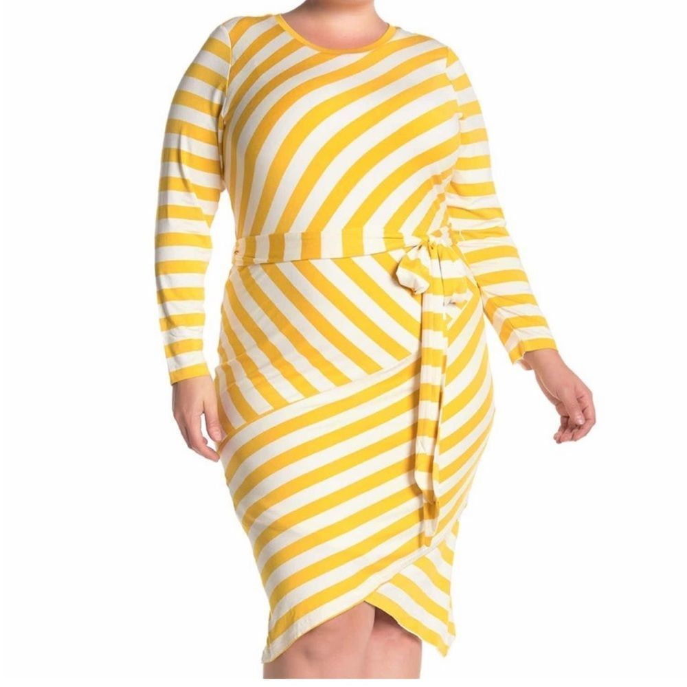 Eloquii Yellow and Cream Bodycon Long Sleeve Dress